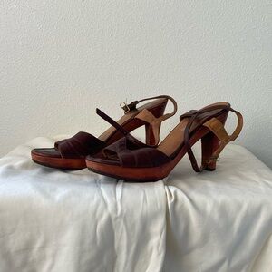 VINTAGE | 70s BareTrap wooden platform
heels Cordovan Leather W size 9